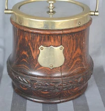 Vintage English Biscuit Barrel Humidor Oak Wood Silverplate Trim Porcelain Liner