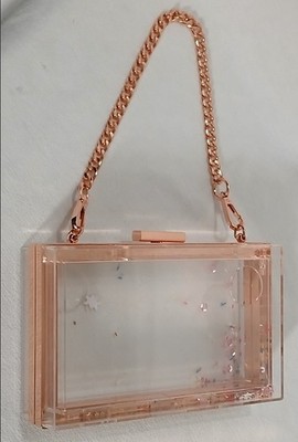 FAO Schwarz See-Through Acrylic Purse w/ Rose Gold Metal Chain DIY Stars Glitter