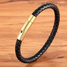 Mens Bracelet Leather Braided Wristband Stainless Steel Clasp Hand Woven Band UK