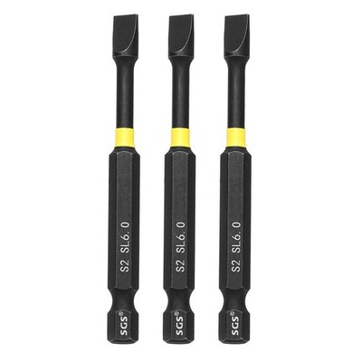 3Pcs SL6 Slotted Impact Screwdriver Bits 1/4'' Hex Shank 3'' Magnetic Flat Bit
