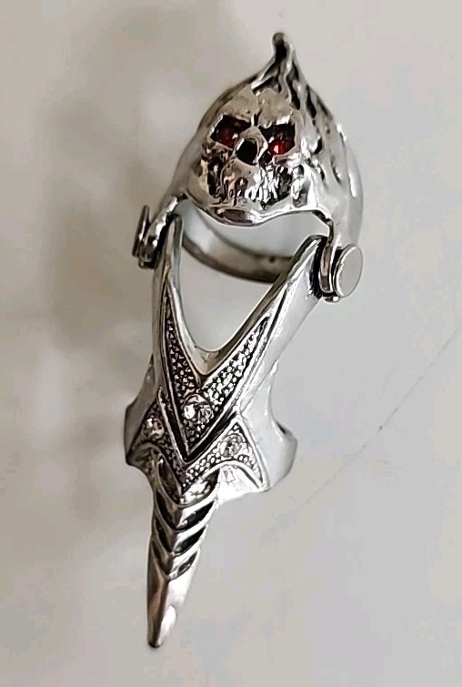 Gothic Skull Silvertone Finger Ring Ruby Red Eyes… - image 1