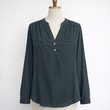 Ulla Johnson Dark Charcoal Grey Satin Split Neck Roll Tab Blouse Top Size 8 M