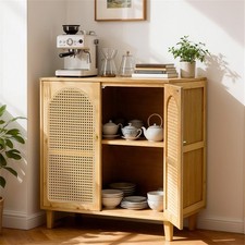 Bamboo Buffet Sideboard Storage Cabinet Kitchen Cupboard with Dual Rattan Door