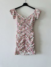 BNWT Guess Floral Pattern Pointelle White Pink Ruched Mini Dress Lace Up M