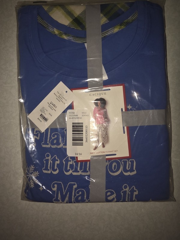 Cacique Blue Cotton Knit 2-Piece Graphic Glitter Crewneck Pajama Set 14/16