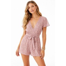 SHEIN Women Floral Print Short Sleeve V Neck Belted Romper Pink White Size M