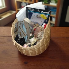 Vintage Wicker Sewing Basket with Various Sewing Notions