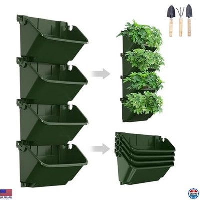 4-Pack Self-Watering Vertical Wall Planters for Indoor Use + 3-Piece Tool Set