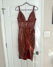 Fashion Nova Brown Faux Leather V-Neck Bodycon Midi Strappy Zip Dress M