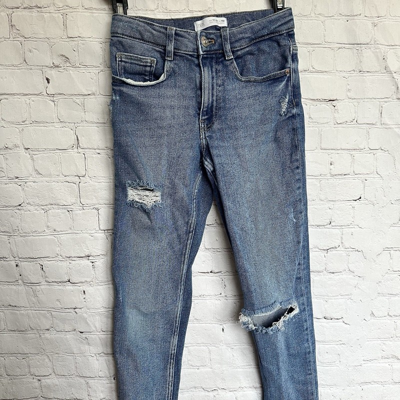 Zara Girl Size 11 - 12 Blue Skinny Fit Jeans Ripped Details