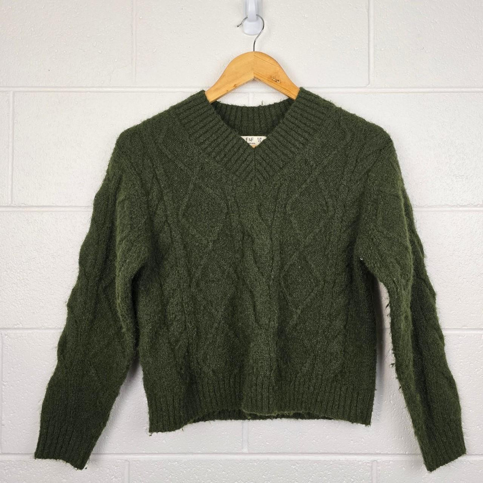 F&F Dark Green Cable Knit Wool Blend Jumper Size XS