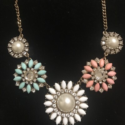 Goldtone Cream Pink Blue Pastel Floral Rhinestones Flower Necklace Boho