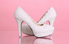 Lace white ivory crystal Wedding shoes Bridal flats low high heel pump size 5-12