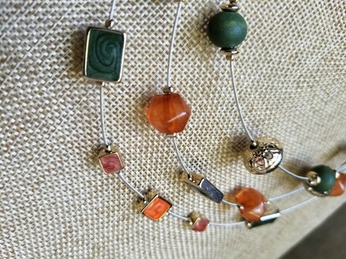 Triple Illusion Multi Strand Orange Green enamel Necklace two tone floating wire - Picture 6 of 6