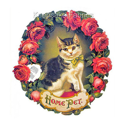 Cat & Red Roses Home Pet Cotton Crazy Quilt Block Multi Sizes