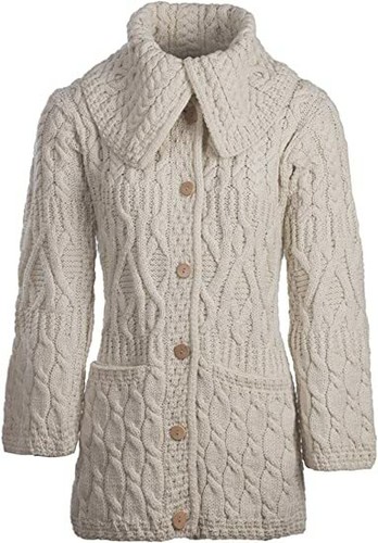 Irish 100% Merino Wool Coat Aran Knit Cardigan Long Buttoned w Pockets Warm Soft - Picture 4 of 9