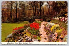 Spring Greetings from Des Moines Iowa Floral Rock Wall Tulips Trees 6x4 Postcard