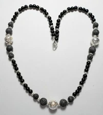 Silver + Black Lava beads, glass beads, 21.5" necklace 