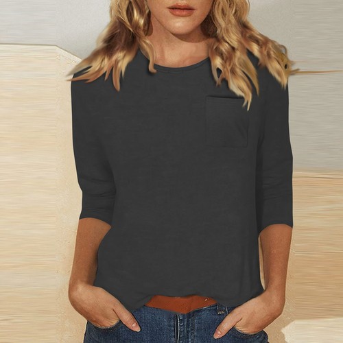 Women's Fashion Casual Three Quarter Sleeve Blouse T-Shirt Solid O-Neck Tops Tee - Picture 18 of 38