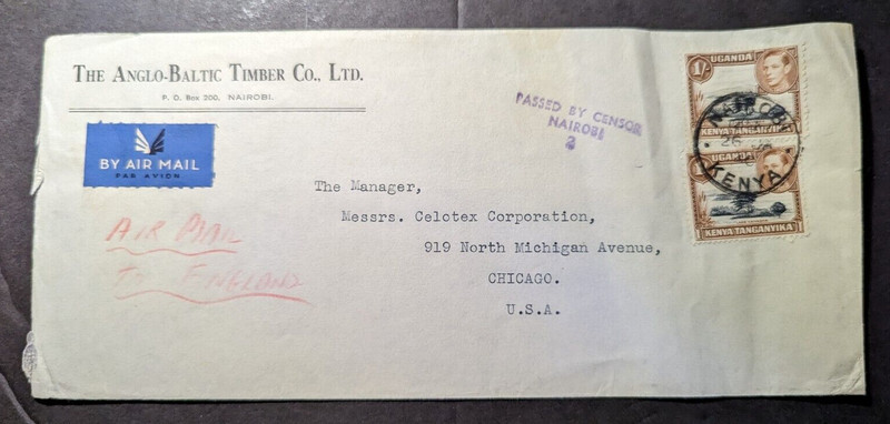1940 British KUT Airmail Cover Nairobi Kenya to Chicago IL USA