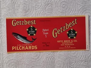 1 Getzbest California Pilchards Vintage Can Label Getz Bros & Co. 