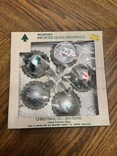 Vtg 1960s Made In USA Bradford Imported Glass Christmas Ornaments Silver Floral