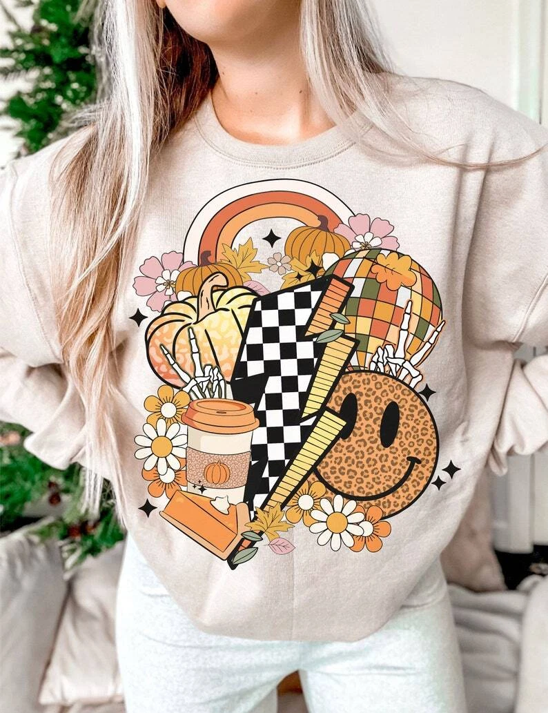 Fall vibes sublimation Sweatshirt, retro fall sublimation, smiley face  Hoodie