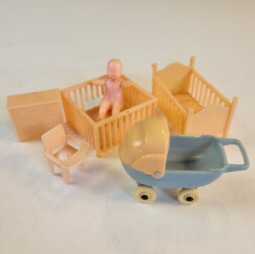 Vintage Pink and Blue Dollhouse Baby Nursery~crib Has Mickey Mouse