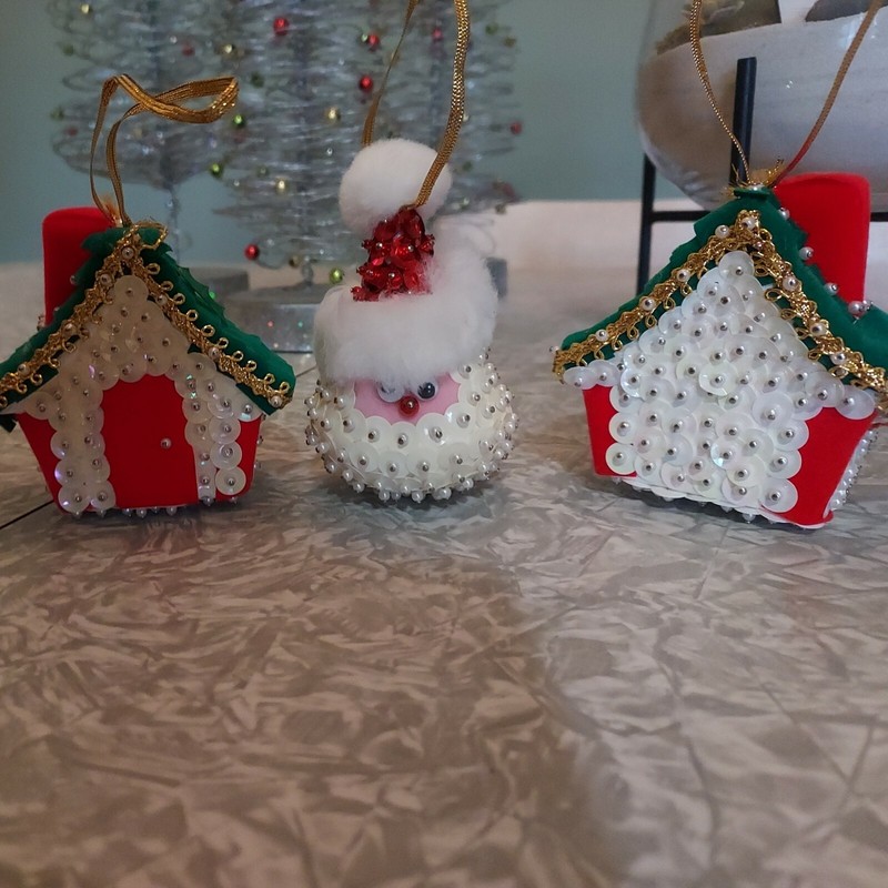 Lot of 3 Christmas Ornaments VTG Multicolored Sequin Push Pin Houses & Santa 
