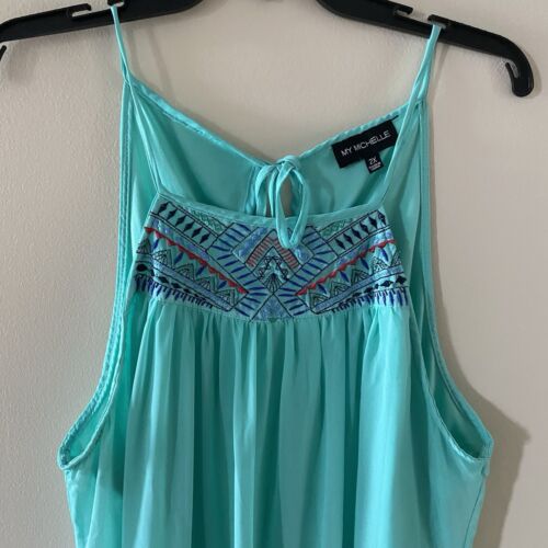 Vintage MY MICHELLE Sze 2X Teal Blue Green Sleeveless Sundress Lined Embroidered - Picture 3 of 9