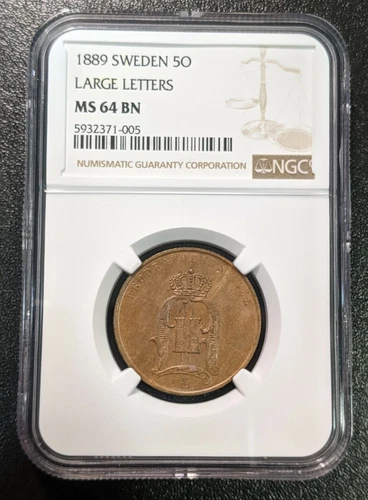 1889 MS64 BN Sweden 5 Ore Large Letters KM 757 UNC NGC Only 1 Graded Higher!