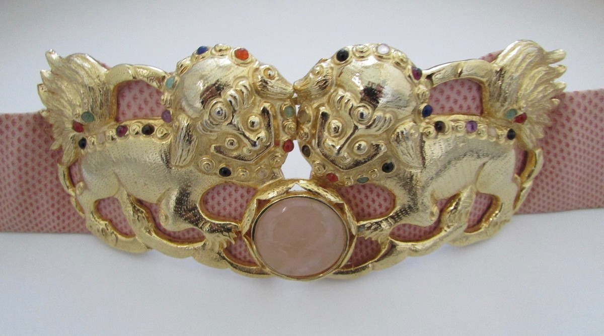 JUDITH LEIBER Pink Snakeskin FOO DOG Belt with Cabochon  display picture 2