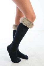 Meia Pata Occasion Knee Sock With Faux Fur Cuff - Navy Size 8