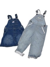 Oshkosh B Gosh Girls 3T Denim Overalls Dress Floral Stripes Lot Of 2