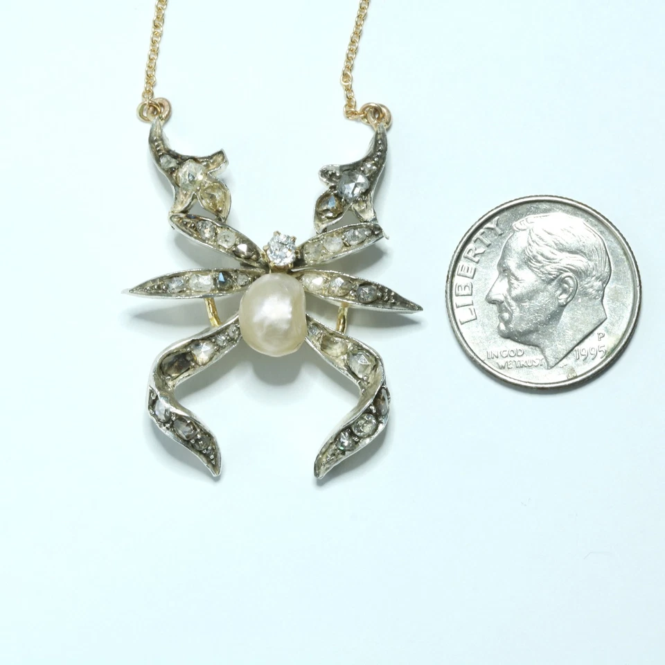 Collar colgante araña/cangrejo oro 14kt diamantes antiguos reciclados, perlas, plata Foto 3 de 4