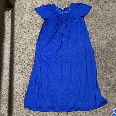 SHADOWLINE L Nightgown Royal Blue Nylon Long Rose Embroidery Cap Sleeve New