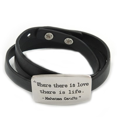 Schwarzes Leder Gandhi Zitat Wickelarmband (silberfarben) - verstellbar - Einheitsgröße