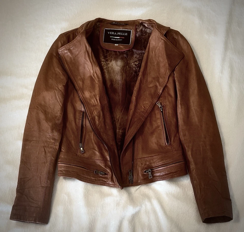 Chaqueta de cuero para mujer Vera Pelle hecha en Italia cremallera completa talla 44 (XS-S) color tostado montura Foto 2 de 4