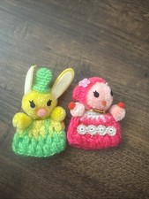 Set Of Vintage Easter decorations crocheted pom pom handmade bunny egg covers.
