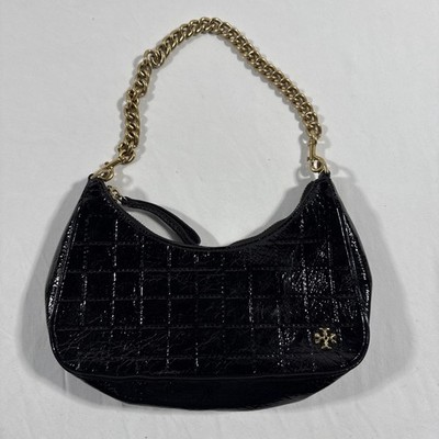 Tory Burch 151 Mercer Patent Quilt Small Crescent Bag Black Gold Chain Strap 