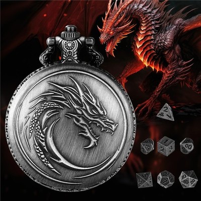 Dragon Pocket Watch Case w/Chain 7pcs Solid Metal Polyhedral DND Dice D4 to D20