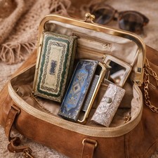 Vintage Italian Leather Vanity Travel Handbag Set Gold Blue Embossed 1950s MCM