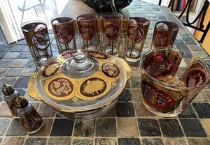 Cera Vintage Barware - Bountiful Fruit - w/RARE ITEMS - Glassware Gold Red MCM