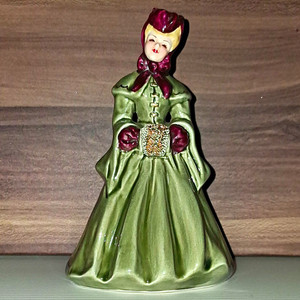 Victorian Style Ceramic Woman Figurine, Green & Burgundy, Glossy Finish