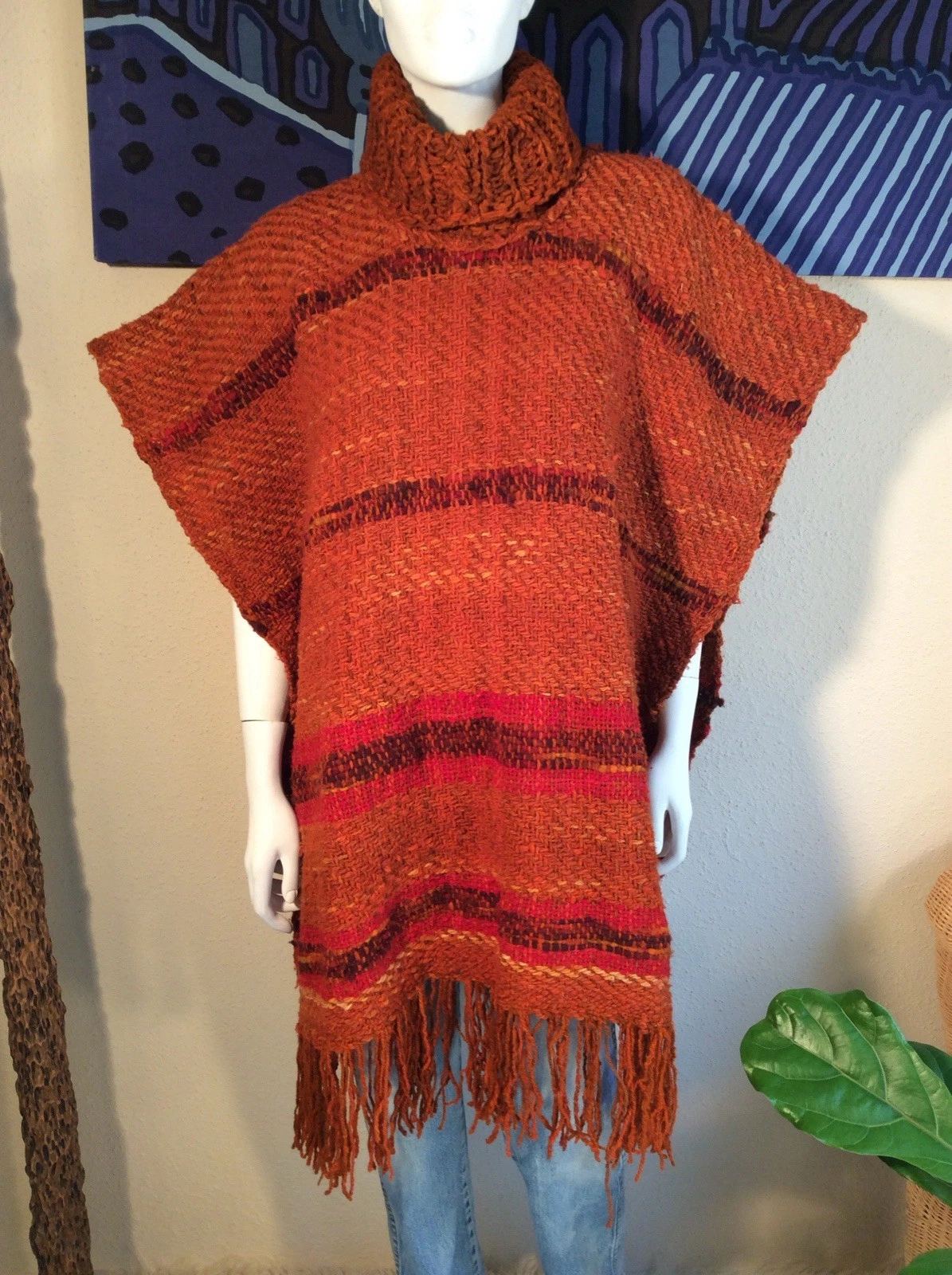 Vintage 70s/60s Knit Multicolored Striped Wool Turtleneck Poncho With Fringe
