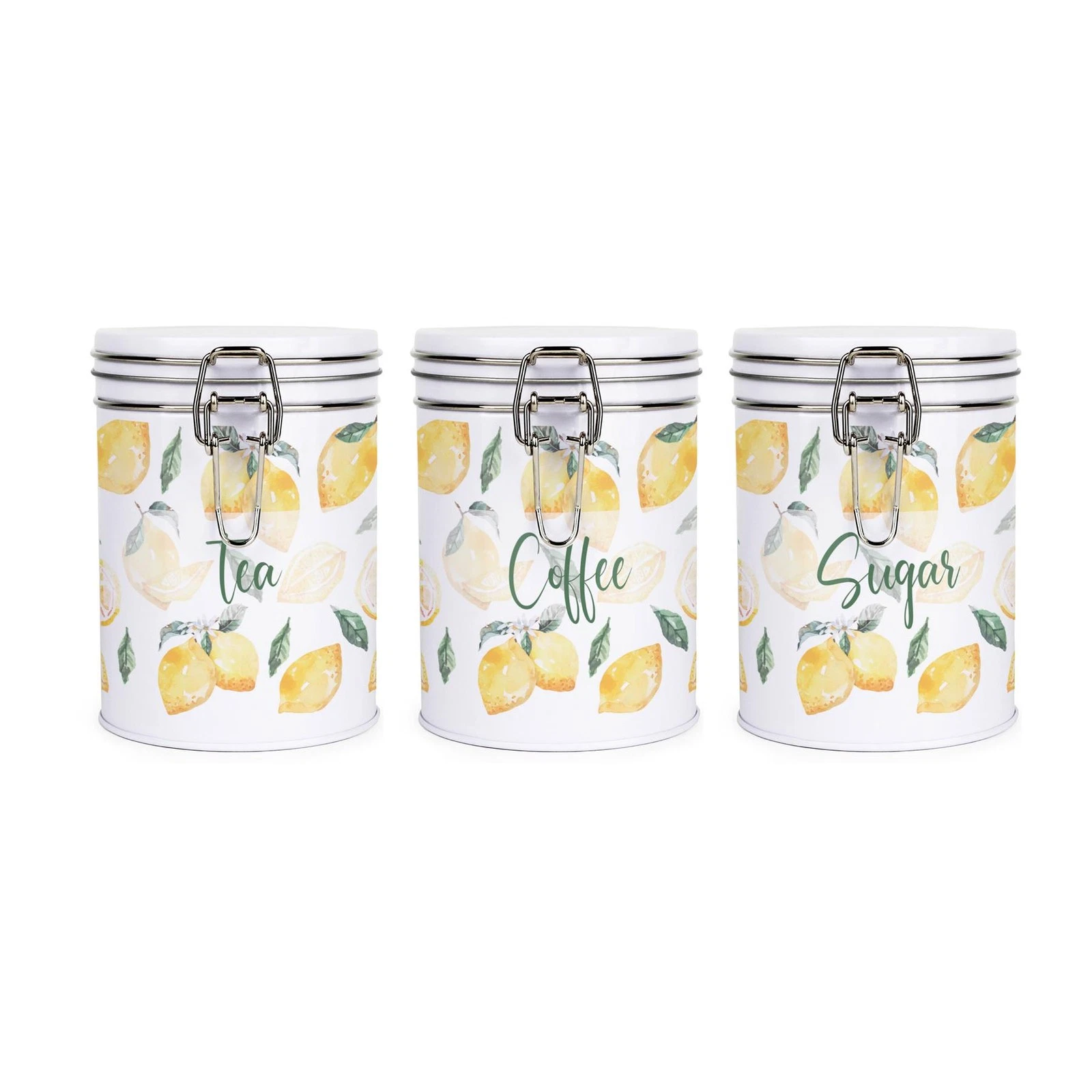 Lemon Print Tea Coffee Sugar Canisters - Metal Clip-Lid Kitchen Storage Gift
Opens in a new window o