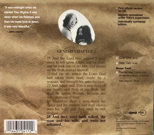 John Lennon Yoko Ono Unfinished Music No. 1. Two Virgins 1997 Numbered CD NEW - Picture 2 of 2