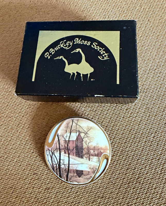 Limited Edition P. Buckley Moss Society Golden Winter Ceramic Round Art Brooch