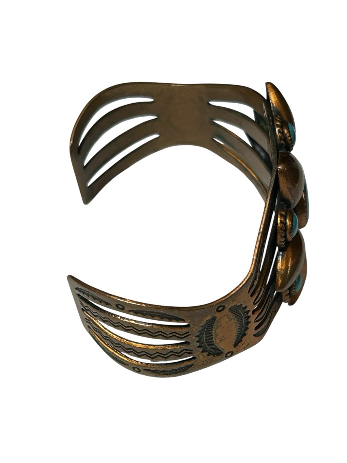 Vintage Solid Copper Turquoise Cluster Cuff Brace… - image 7