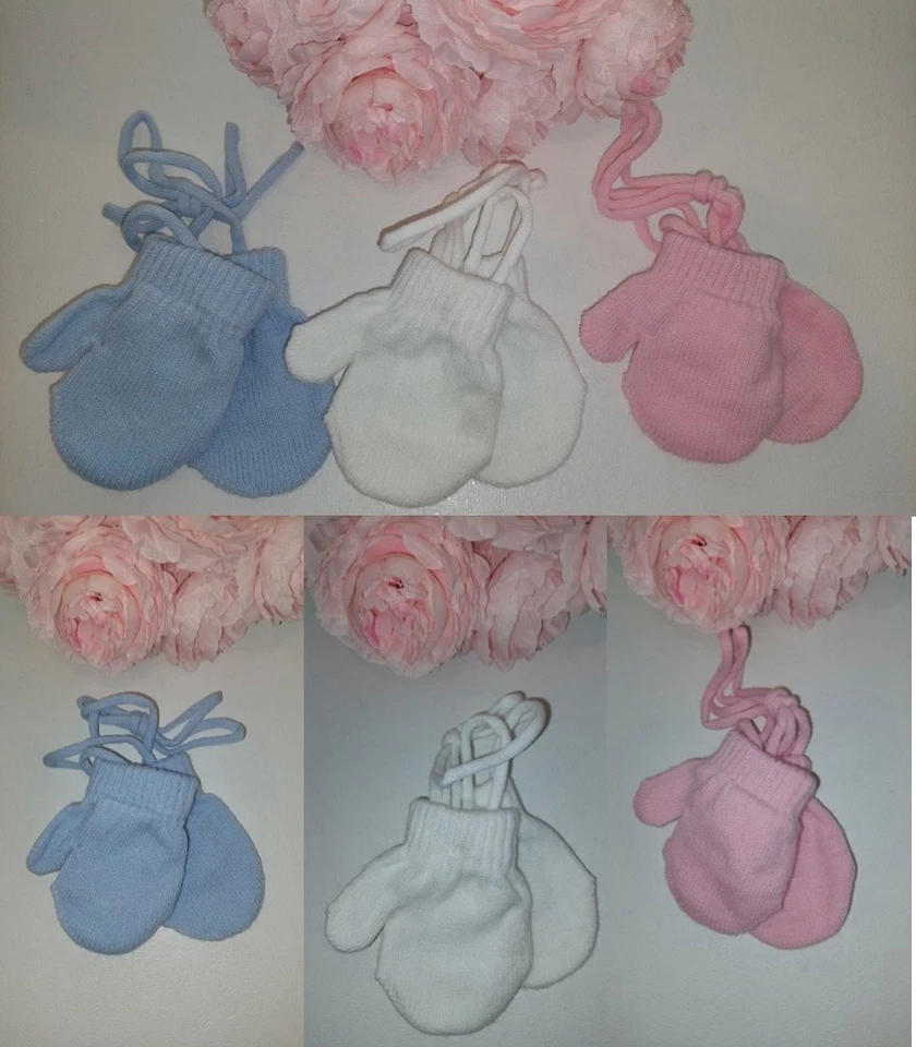 Mittens Baby Infant Kid String Boy Girl White Pink Blue Pom Pom 0-12-24m 9/13cm - Image 2 of 3